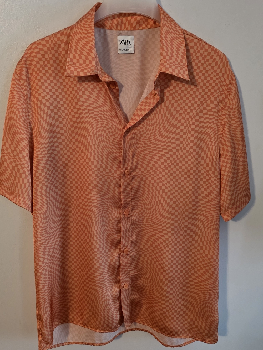 Zara Mens SS Orange Swirl-Check Short Sleeve Button-Up Shirt Size L